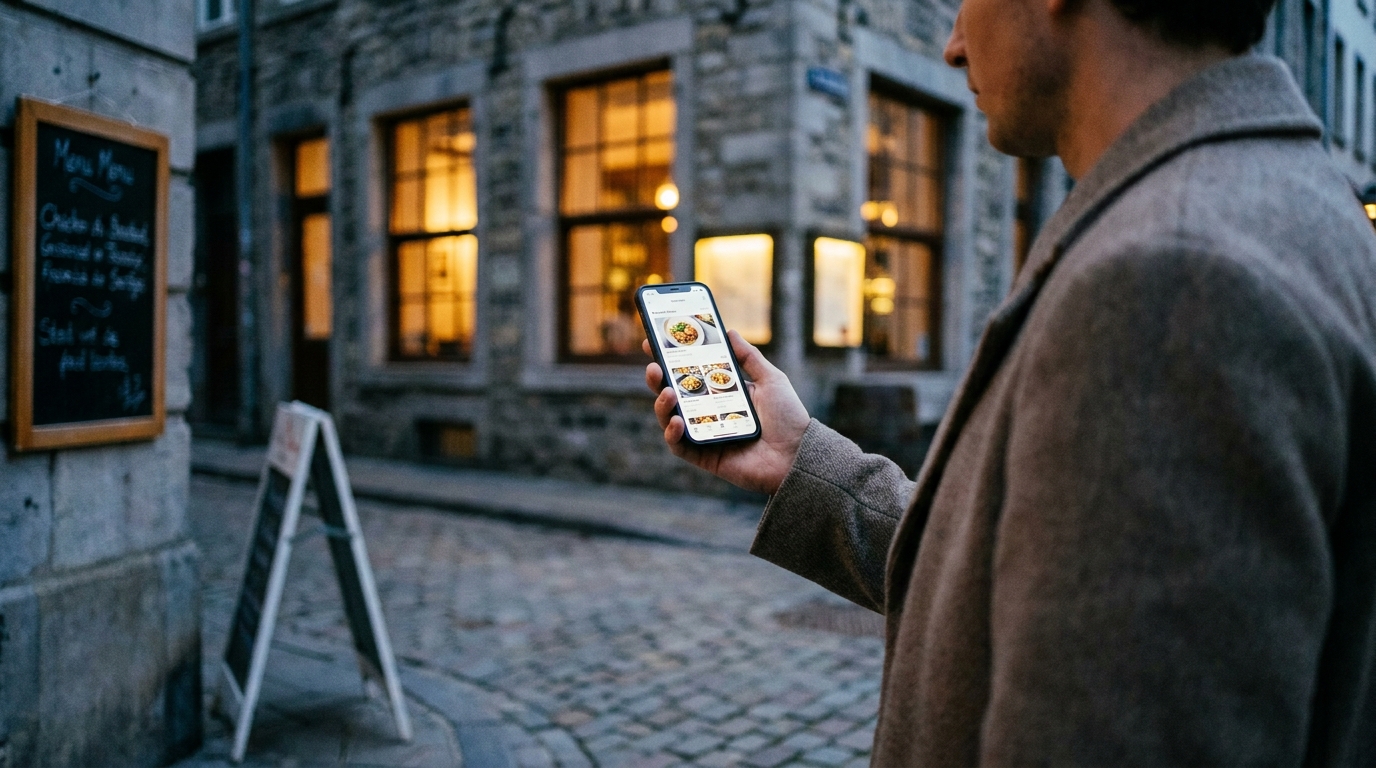 A guest searching for a restaurant menu online on a phone while walking past restaurants on a city street at dusk
