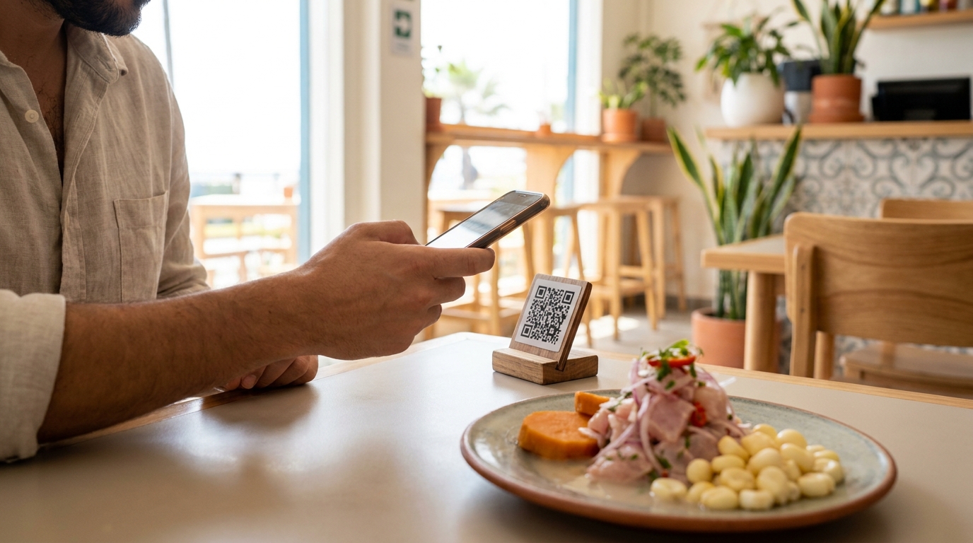 Comensal escaneando con su celular el código QR del menú digital en una cevichería de Miraflores, Lima
