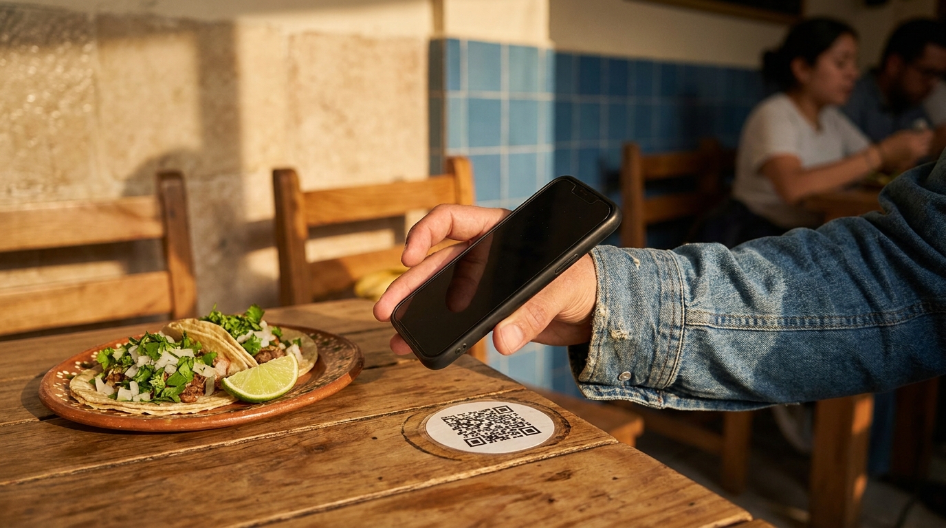 Comensal escaneando con su celular un código QR colocado en un portavasos sobre la mesa de una taquería en la Roma Norte, CDMX