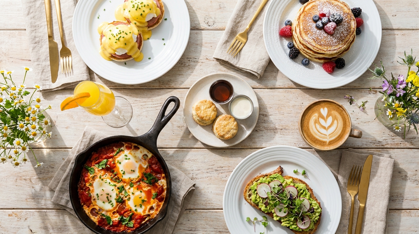 Restaurant brunch menu ideas — sweet and savory dishes, sides and drinks