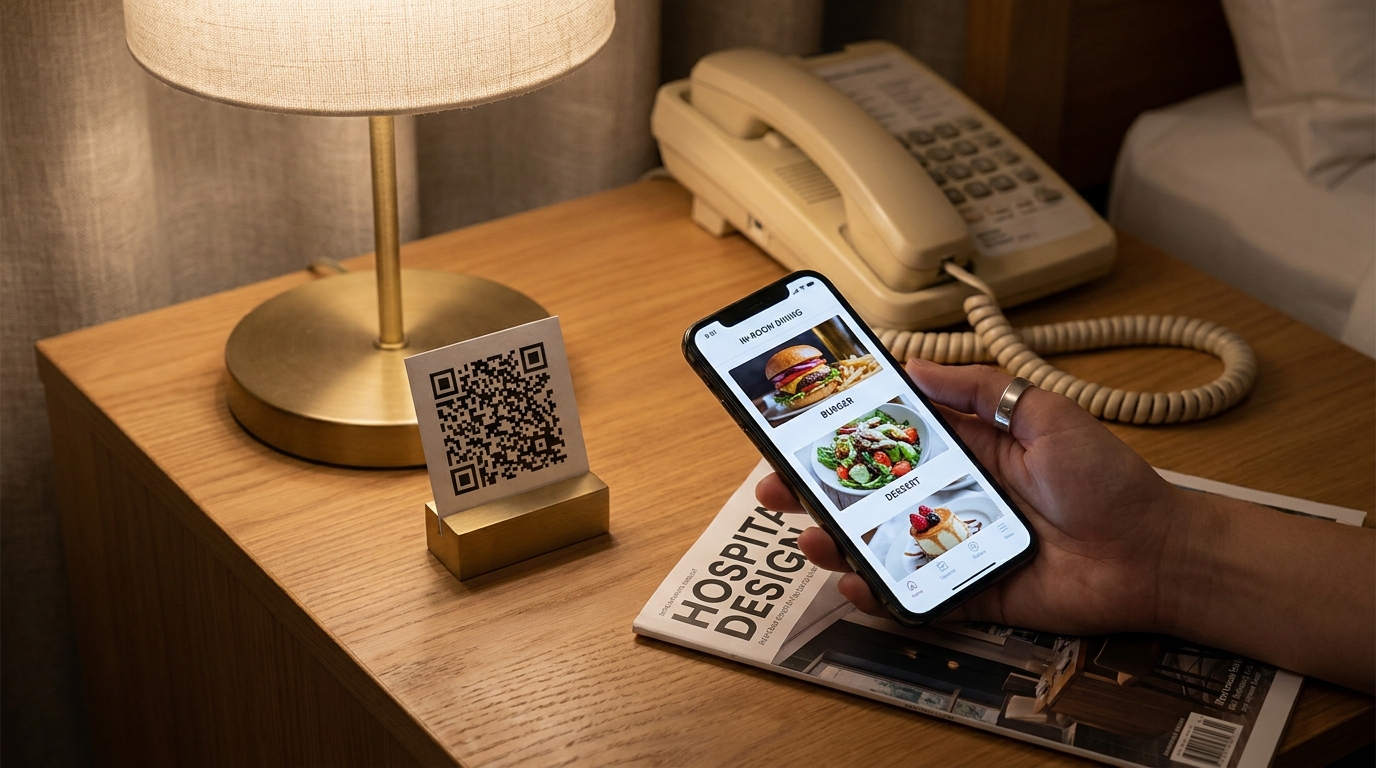 QR code in-room ordering — guest holds a phone showing a hotel QR room-service menu next to a small QR card on the nightstand, with an old landline phone visible behind