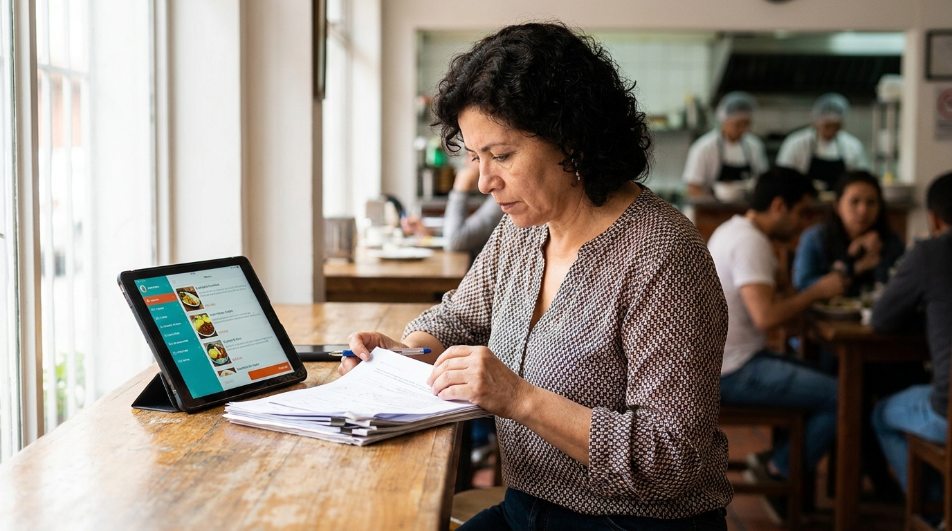 Administradora de un restaurante en Bogotá revisando en su computadora el rotulado con sellos Exceso En de un producto envasado junto al menú digital del local