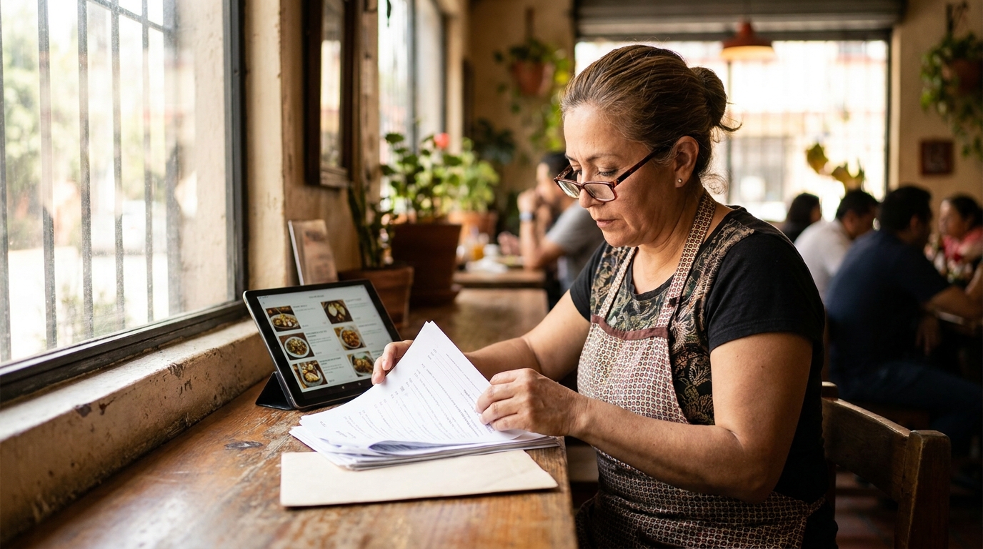 Encargada de un restaurante en Ciudad de México revisando en su computadora el etiquetado de un producto preenvasado con sellos de advertencia junto al menú digital del local