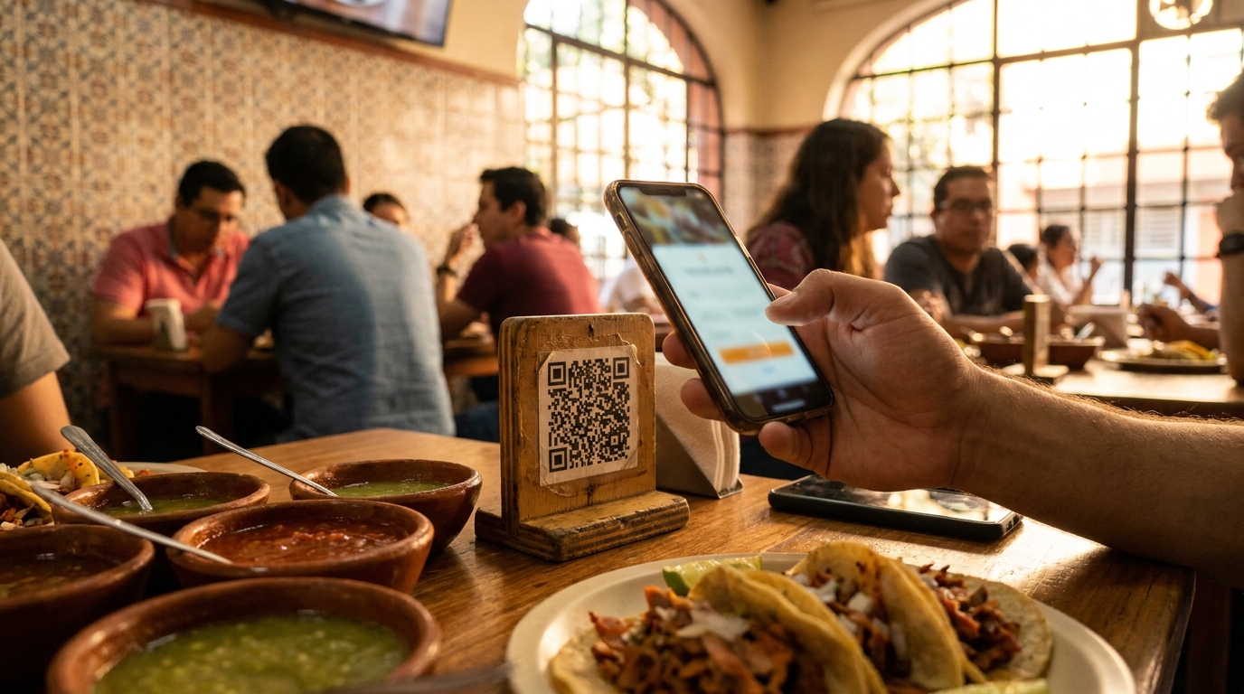 Comensal escaneando con su celular el código QR del menú digital en la mesa de una taquería en la Roma Norte, CDMX