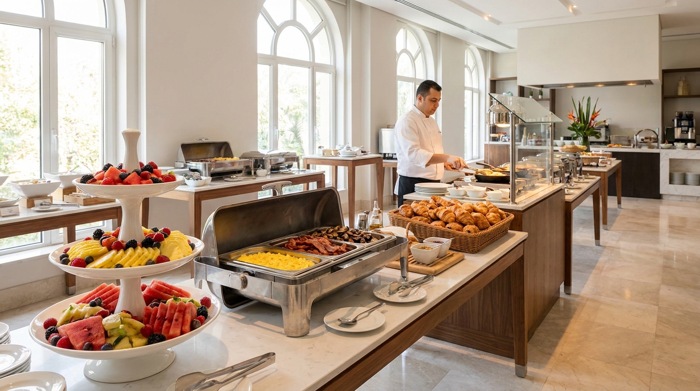 Hotel breakfast buffet — fresh fruit display in foreground, chafing dishes with eggs and bacon mid-frame, omelet station and chef behind, soft morning light