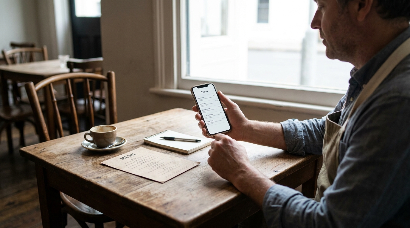 A restaurant owner at a corner table comparing their printed menu card with a digital menu page open on a phone