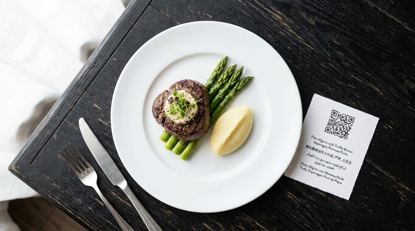 Multilingual hotel menu — plated signature steak with a QR card showing the menu in English, Chinese, Arabic and Spanish on a dark wood table