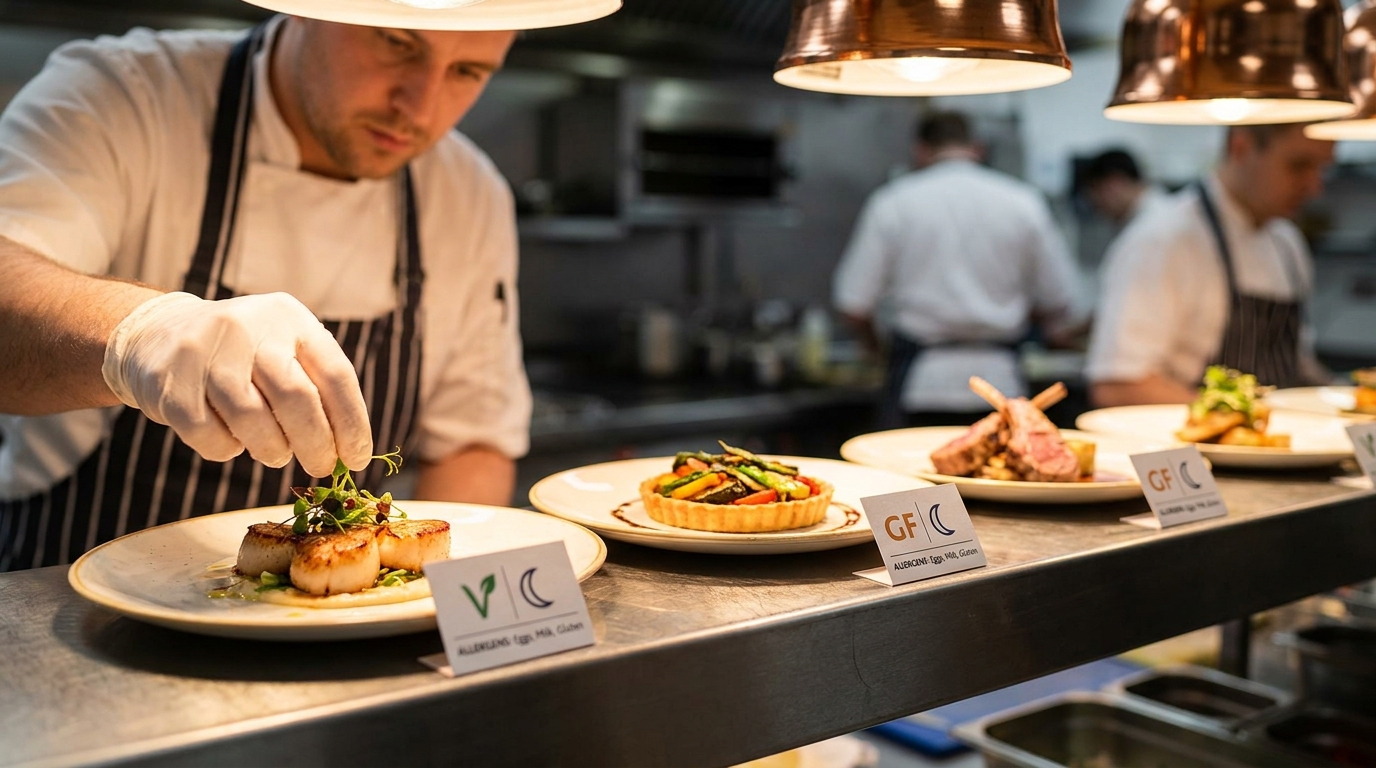Hotel allergen compliance — kitchen pass with three plated dishes carrying allergen tag cards (vegan, gluten-free, halal) and chef gloved hands plating
