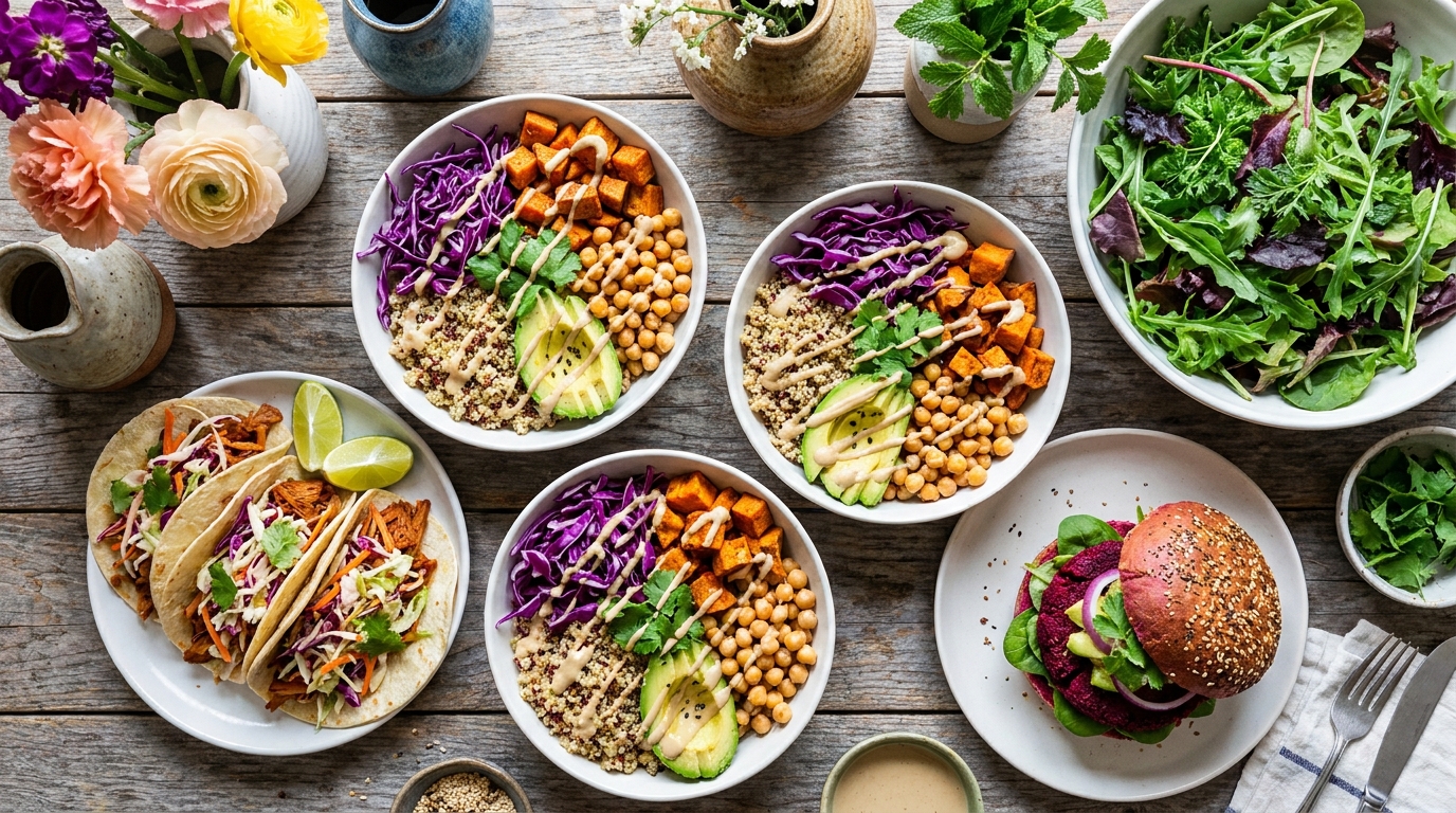 Vegan and plant-based menu ideas — bowls, jackfruit tacos and a beet burger