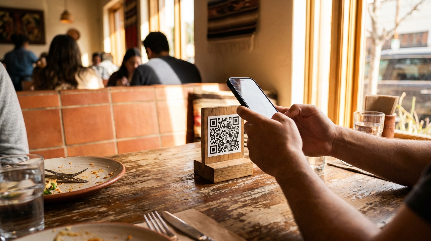 Comensal escaneando con su celular un código QR sobre la mesa de un restaurante para abrir el menú digital