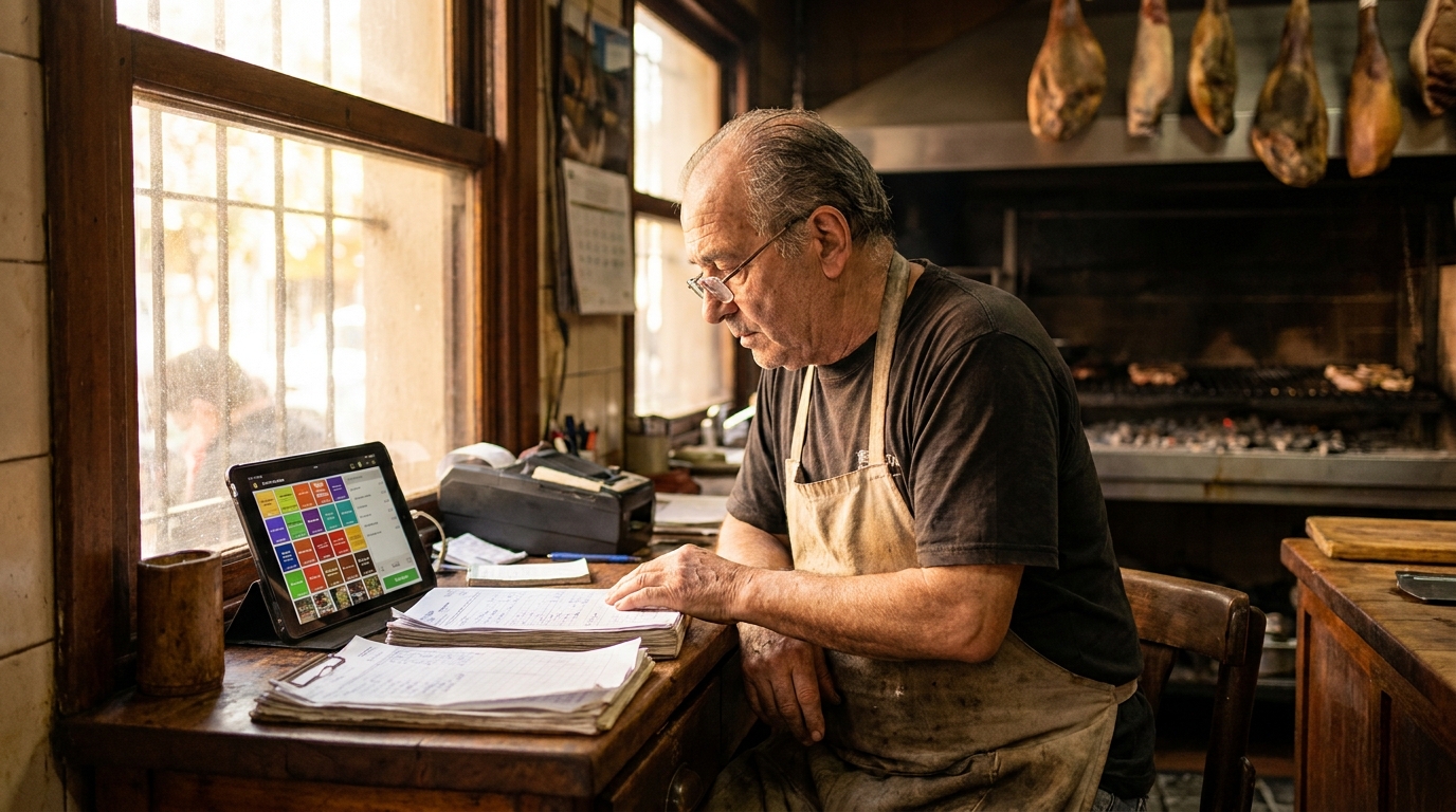 Encargado de una parrilla en Buenos Aires revisando en su computadora el rotulado con octógonos de un producto envasado junto al menú digital del local