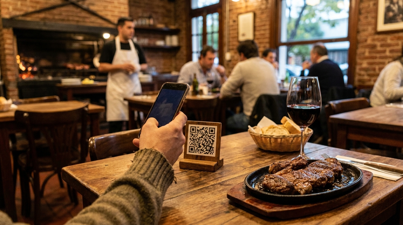 Comensal escaneando el código QR del menú digital en la mesa de una parrilla de Palermo, Buenos Aires