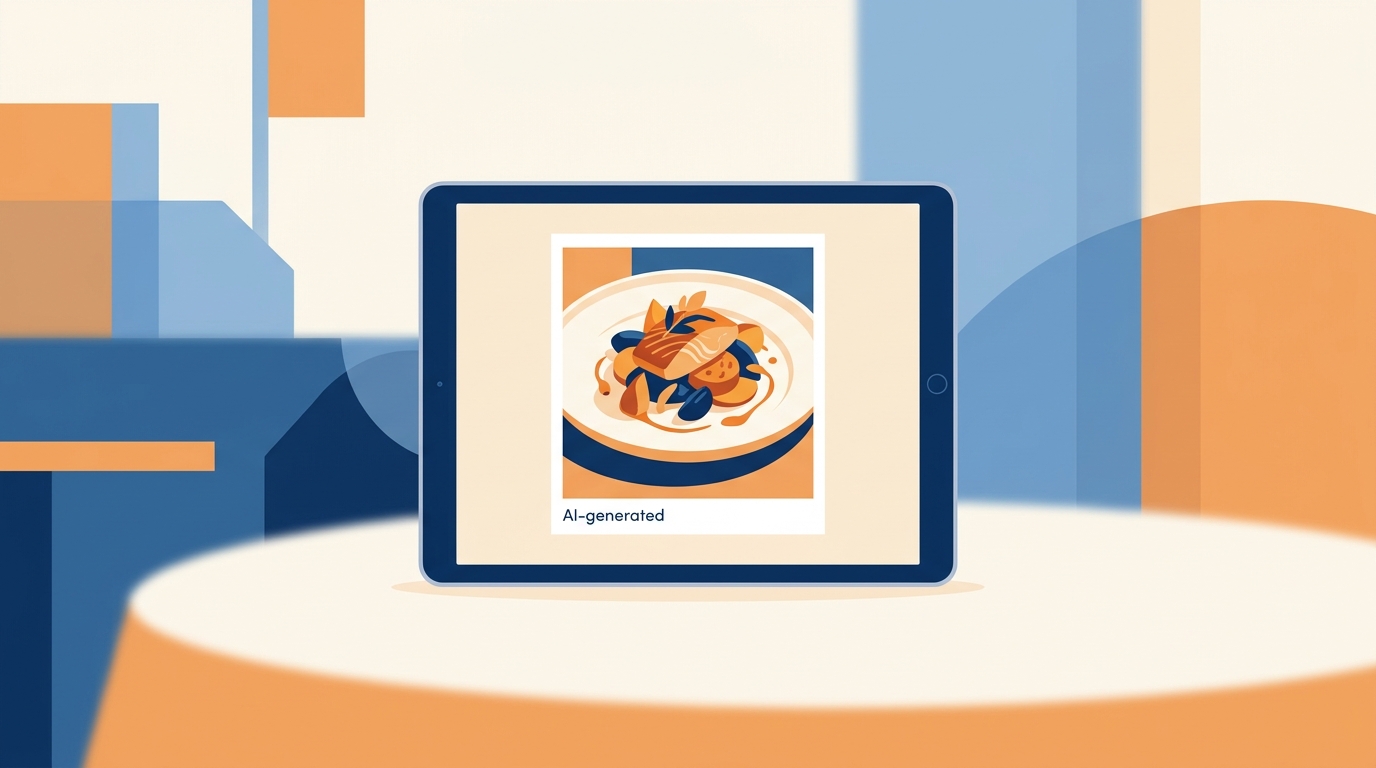 Restaurant digital menu showing an AI-generated dish photo with a small disclosure label