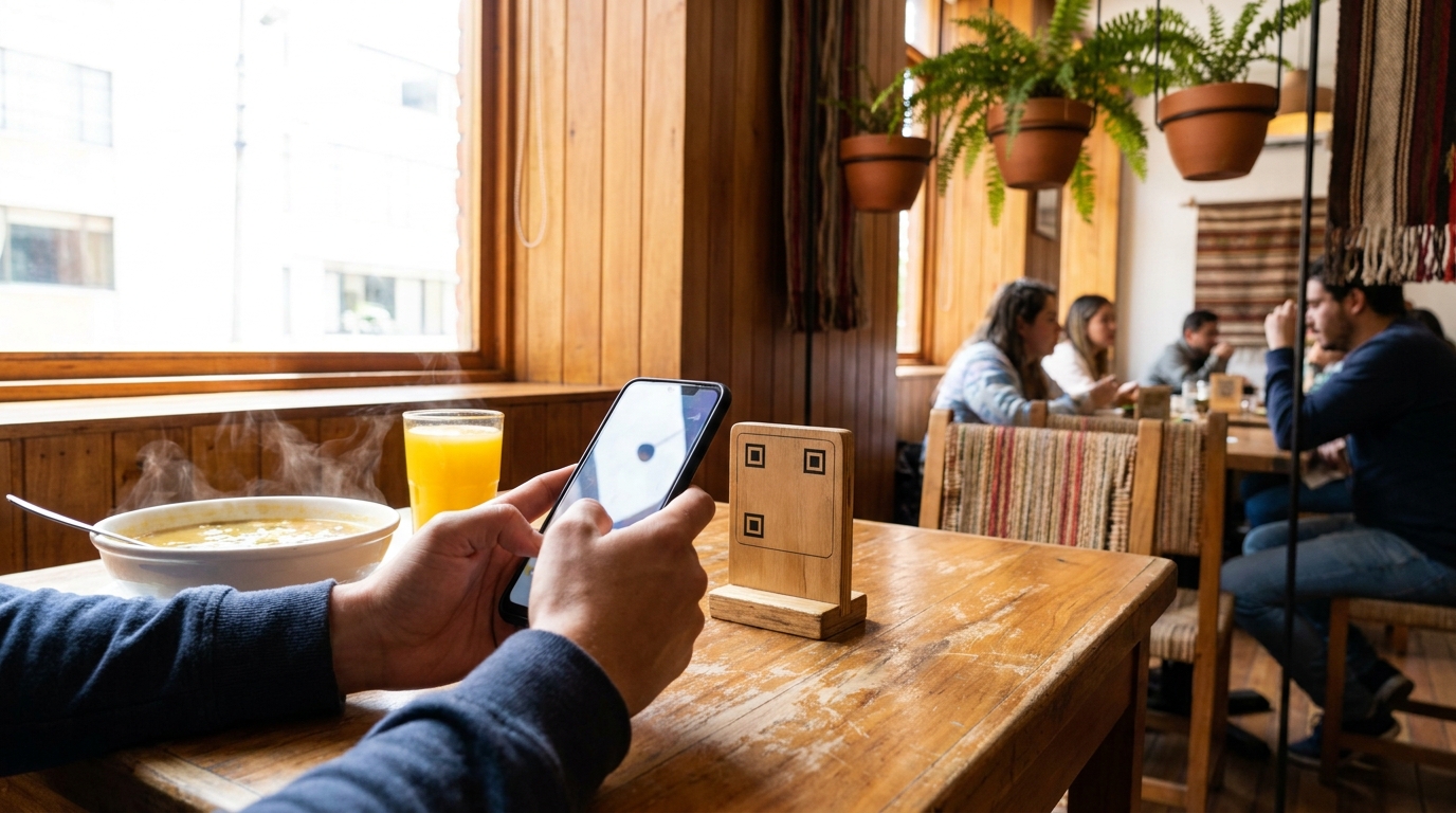 Comensal escaneando con su celular el código QR del menú digital en la mesa de un restaurante en Bogotá