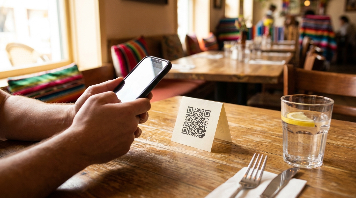 Comensal escaneando con su celular el código QR de la carta en la mesa de un restaurante