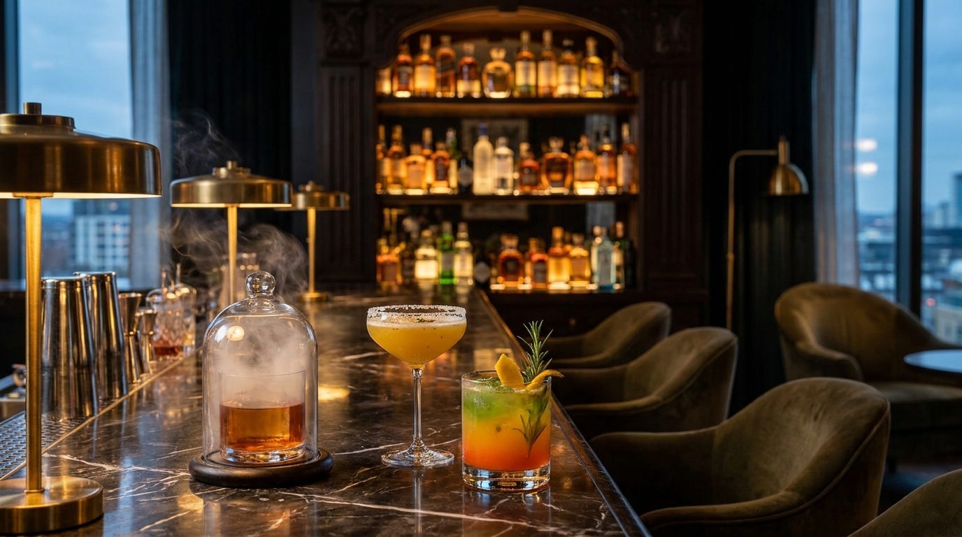 Hotel lobby bar menu — three signature cocktails on marble counter with brass fixtures and warm evening light
