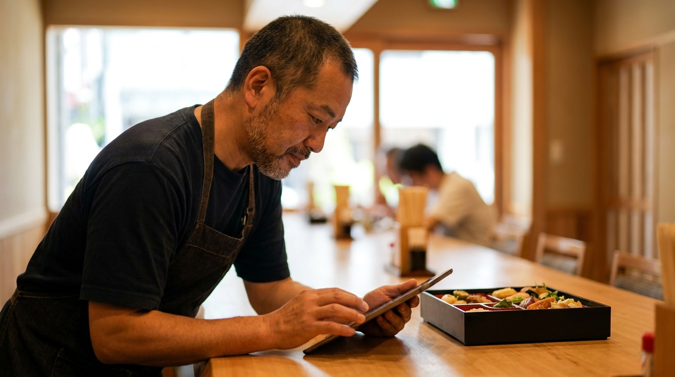 東京の飲食店の店長がカウンターでノートパソコンを開き、アレルゲン情報を登録したデジタルメニューと弁当の表示ラベルを見比べている様子