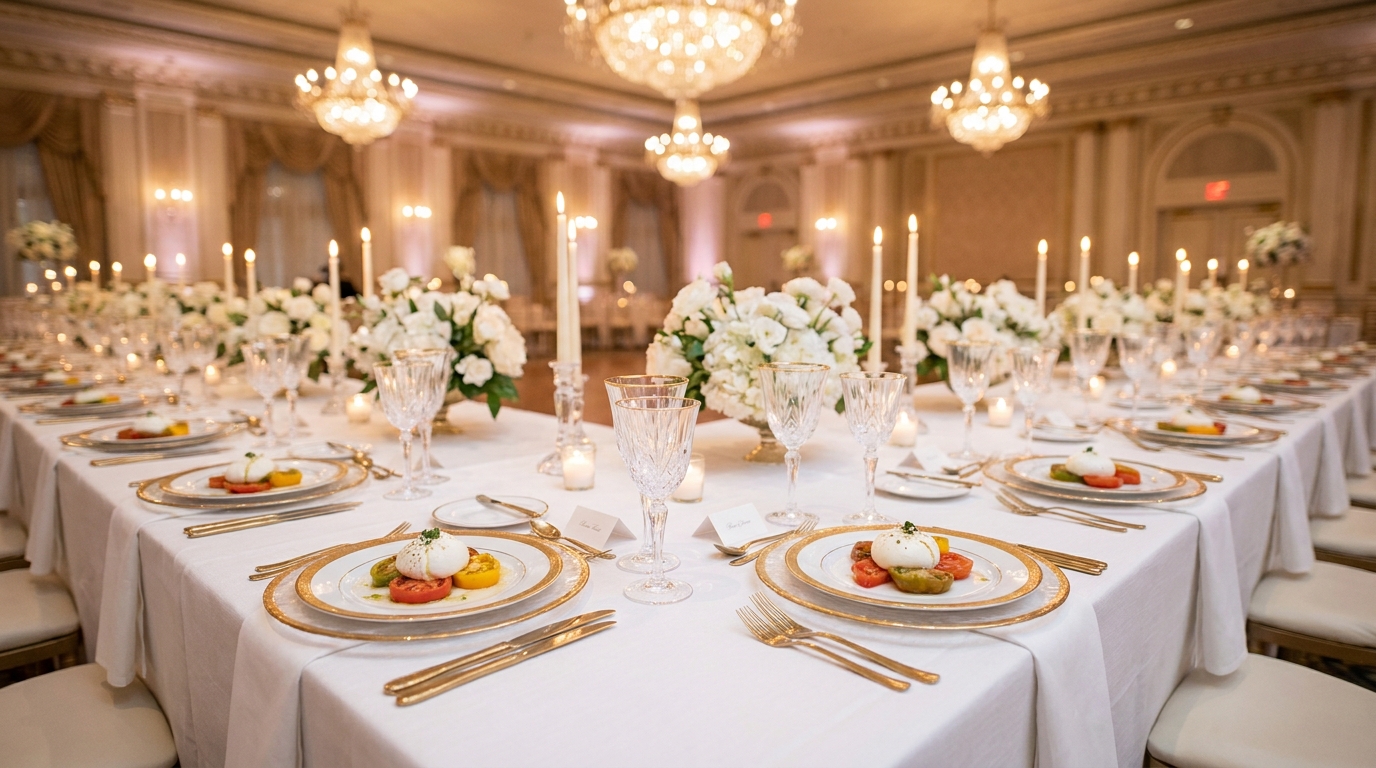 Hotel banquet and catering menu — long elegant banquet table set for 50 with gold place settings, crystal glasses, plated first course of burrata with tomatoes, soft chandelier light
