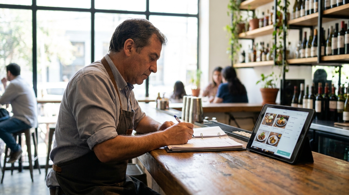 Administrador de un restaurante en Santiago revisando en su computadora el rotulado con sellos ALTO EN de un producto envasado junto al menú digital del local